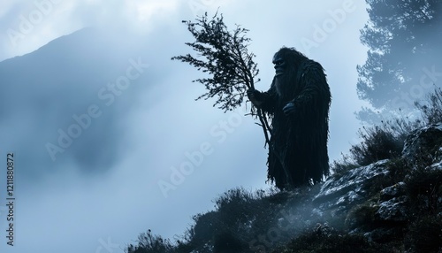 Wallpaper Mural Yeti Silhouette on Misty Mountain Holding Branch Torontodigital.ca