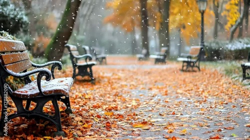 Serene park pathway lined with empty benches and orange autumn leaves gently falling amid soft snowfall creating a tranquil winter atmosphere