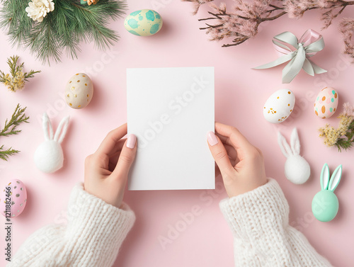Easter-themed mockup featuring a blank vertical A5 greeting card on a flat lay background, surrounded by festive Easter decorations such as pastel-colored eggs, flowers, and seasonal accents