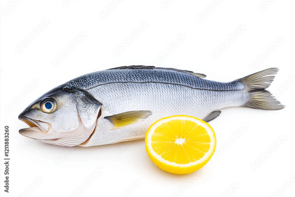 Fototapeta premium Raw sea bass fillet, isolated on white background.