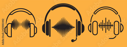 Minimalist Headphone Icon with Sound Waves - Modern Technology Design, vector illustration Podcast icon. Talk Show logo. Earphones and audio waves. Wireless headphones. 