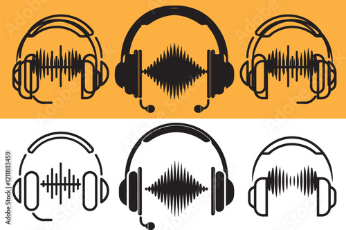 Minimalist Headphone Icon with Sound Waves - Modern Technology Design, vector illustration Podcast icon. Talk Show logo. Earphones and audio waves. Wireless headphones.
