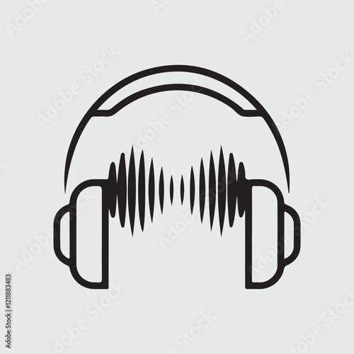 Minimalist Headphone Icon with Sound Waves - Modern Technology Design, vector illustration Podcast icon. Talk Show logo. Earphones and audio waves. Wireless headphones. 
