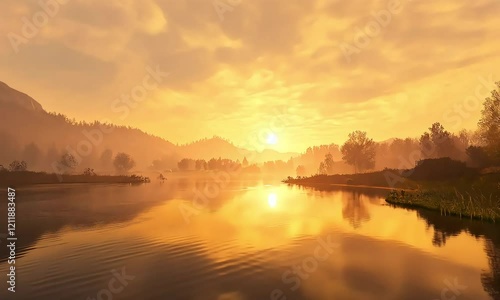 Wallpaper Mural Serene river landscape at golden hour with stunning reflections and mountains under a warm sunset sky creating a peaceful and tranquil atmosphere Torontodigital.ca