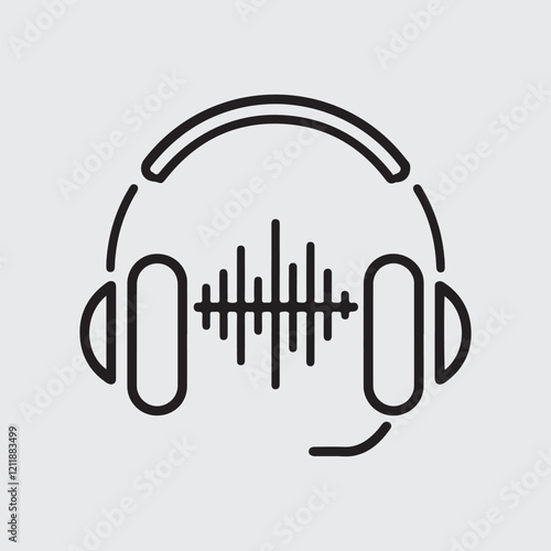 Minimalist Headphone Icon with Sound Waves - Modern Technology Design, vector illustration Podcast icon. Talk Show logo. Earphones and audio waves. Wireless headphones. 