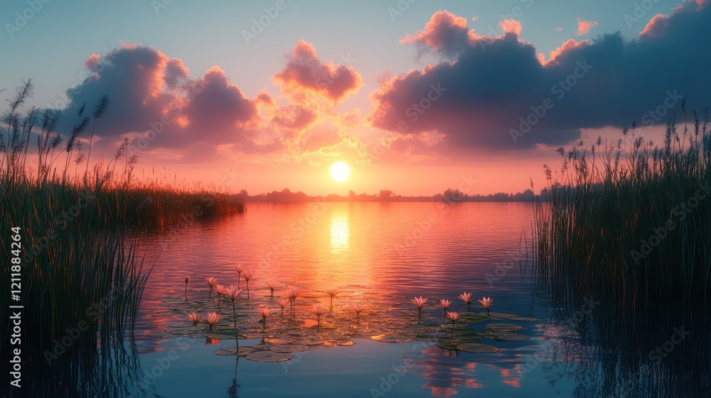 Fototapeta premium Serene Sunset over Calm Lake with Water Lilies