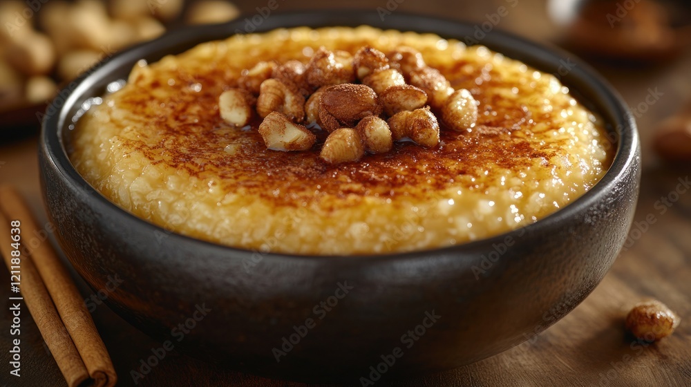 Creamy rice pudding, cinnamon, nuts, autumnal setting, dessert recipe Creamy rice pudding, cinnamon, nuts, autumnal setting, dessert recipe