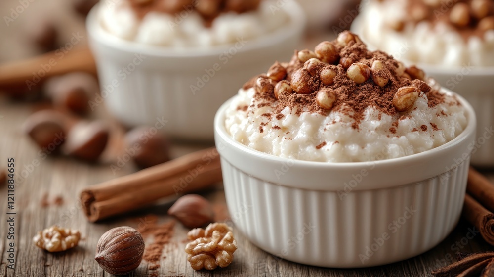 Creamy Rice Pudding Dessert, Hazelnuts, Cinnamon, Wooden Table Creamy Rice Pudding Dessert, Hazelnuts, Cinnamon, Wooden Table