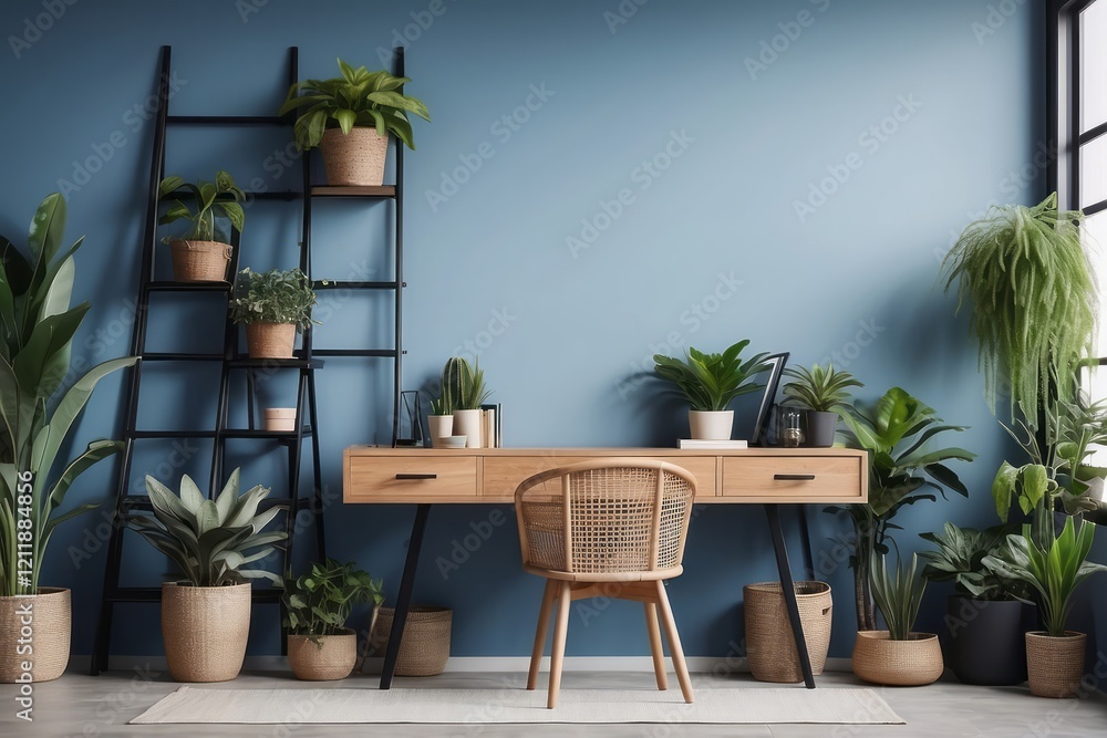 Fototapeta premium Creative composition of muted blue office interior, wooden desk, rattan sideboard, chair