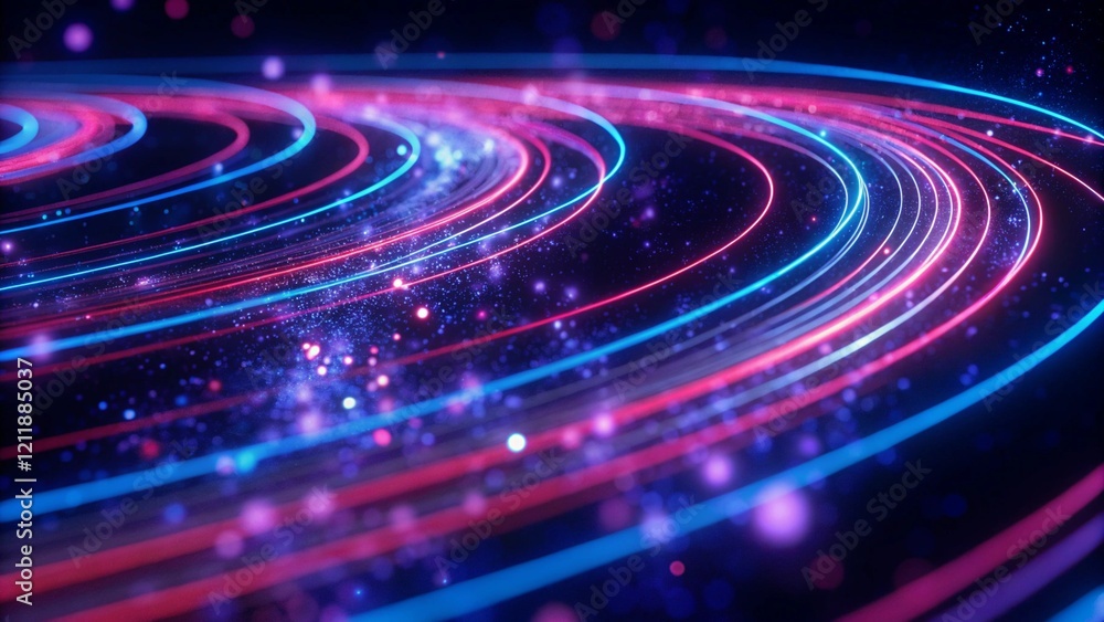 Fototapeta premium Vibrant neon fiber optic cables move rapidly, creating abstract patterns with multicolored lights against a dark backdrop, showcasing an electrifying visual effect, futuristic tech glow motion