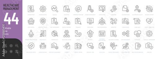 Healthcare Management Line Editable Icons set. Vector illustration in modern thin line style of medicine related icons: certification, control, medical provider, and more. Pictograms and infographics.