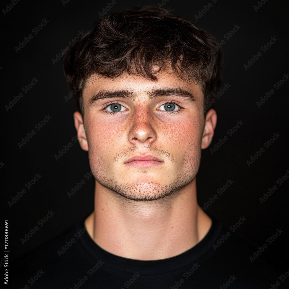 Obraz premium Young Boy with Dark Hair and Blue Eyes on a Dramatic Black Background