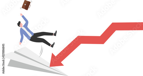 Bankrupt businessman falling off a boat. Symbol of bankruptcy, failure, recession, crisis and financial losses on stock exchange market.
