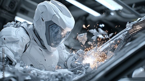 Fototapeta Naklejka Na Ścianę i Meble -  Futuristic welder repairs spaceship in hangar