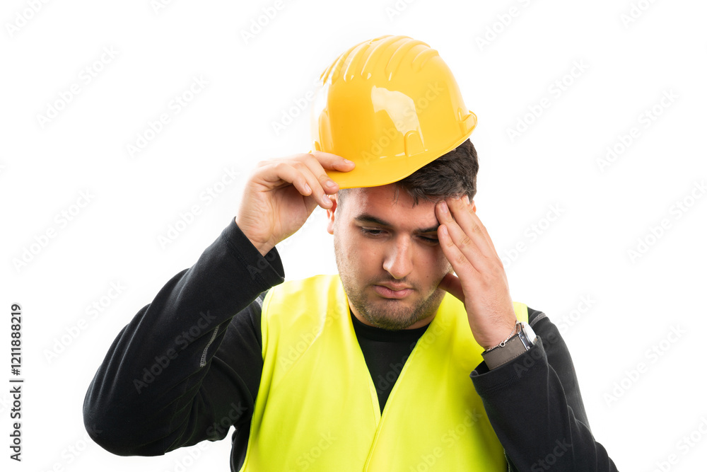 Close-up of construction worker touching temple as migraine Close-up of construction worker touching temple as migraine