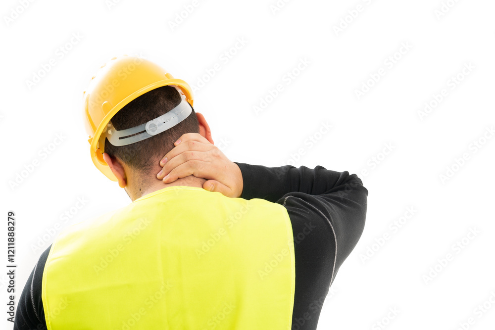 Construction worker in pain touching hurt back of neck copyspace Construction worker in pain touching hurt back of neck copyspace
