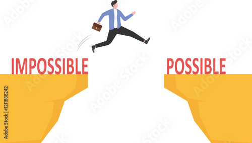 A painter stands on a stepladder and hides the word Impossible written on the wall using a white paint roller. Business and success. Goals and planning. Impossible made possible.
