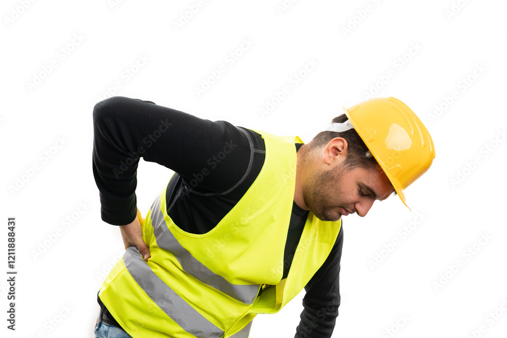 Builder man wearing work equipment with back pain bending Builder man wearing work equipment with back pain bending
