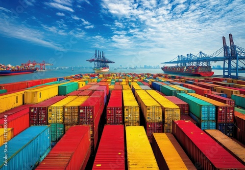 Wallpaper Mural Vibrant Container Terminal with Colorful Shipping Containers Under Clear Blue Sky, Showcasing Global Trade and Shipping Industry Operations Torontodigital.ca