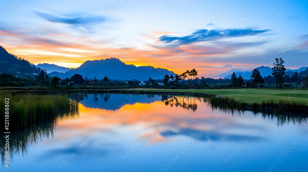 Fototapeta premium Serene sunrise over mountain lake reflecting vibrant colors, peaceful golf course background; ideal for travel brochures