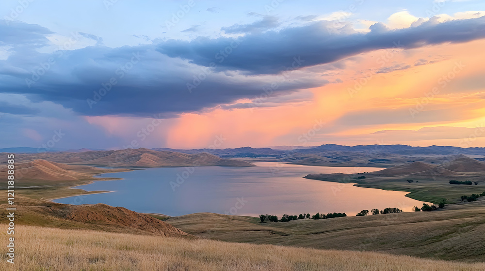 Serene sunset over a mountain lake, hills, and grassland; idyllic landscape for travel brochures Serene sunset over a mountain lake, hills, and grassland; idyllic landscape for travel brochures