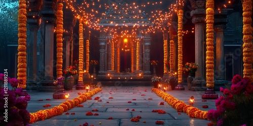 Marigold Decorated Temple Courtyard at Night Maha Shivaratri Festival