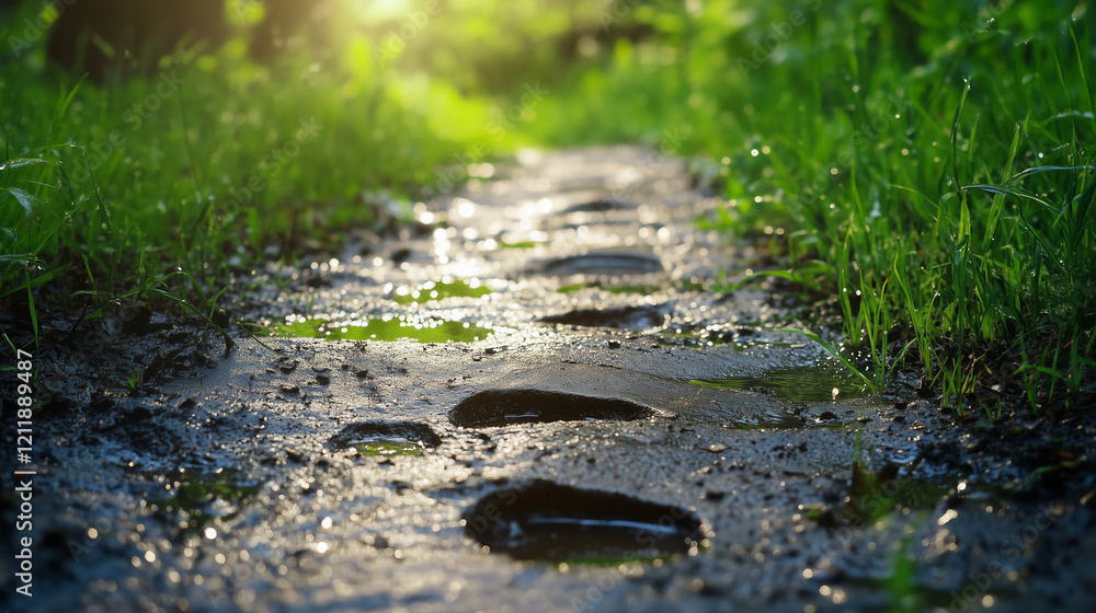 Fototapeta premium Footprints in muddy trail surrounded by grass in sunlight