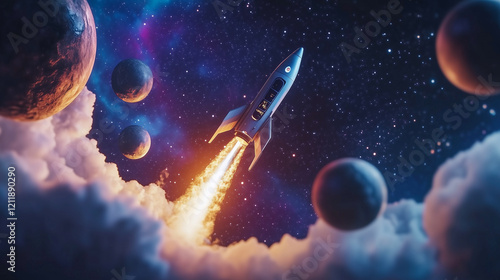 spaceship launching into space, surrounded by stars and glowing planets