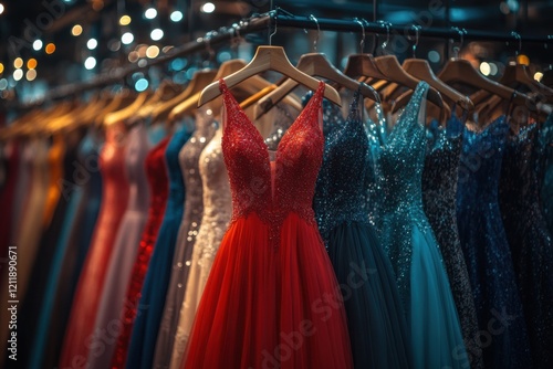 Various colored and styled ballroom gowns hanging on hangers.
