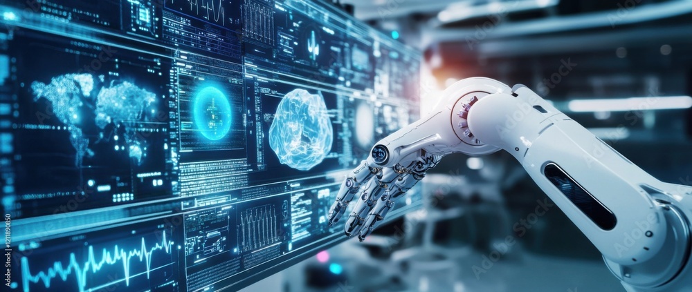 A robotic arm performing an operation, surrounded by medical equipment and data screens.
A robotic arm performing an operation, surrounded by medical equipment and data screens.