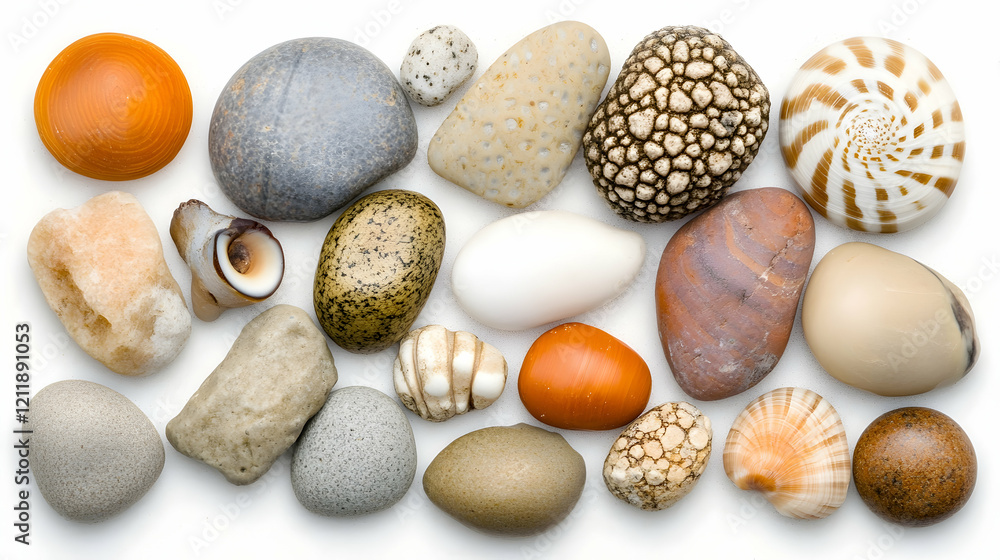 Smooth beach stones and shells arrangement on white background; perfect for spa, nature, or relaxation themes Smooth beach stones and shells arrangement on white background; perfect for spa, nature, or relaxation themes