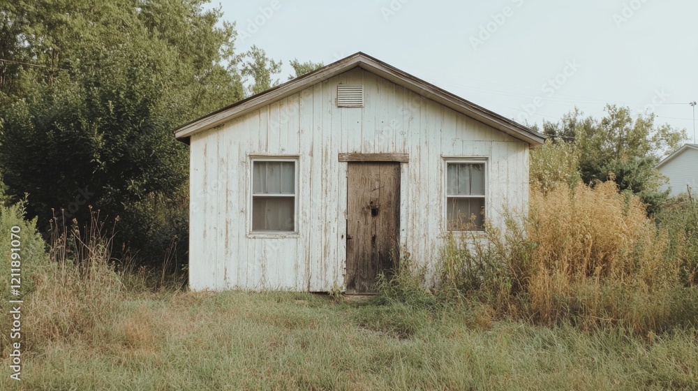 Obraz premium Rustic white shed in overgrown field.