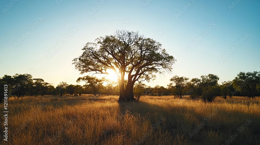 Sunset silhouette of baobab tree in African savanna; peaceful landscape for travel posters Sunset silhouette of baobab tree in African savanna; peaceful landscape for travel posters