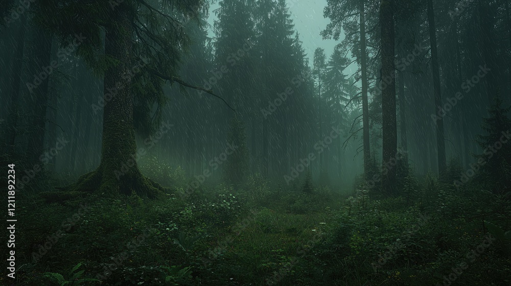 Fototapeta premium Rainy forest path, misty scene, nature background, ideal for fantasy or mystery