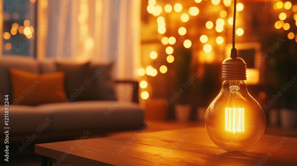 A glowing light bulb on a blurred background in Living Room A glowing light bulb on a blurred background in Living Room