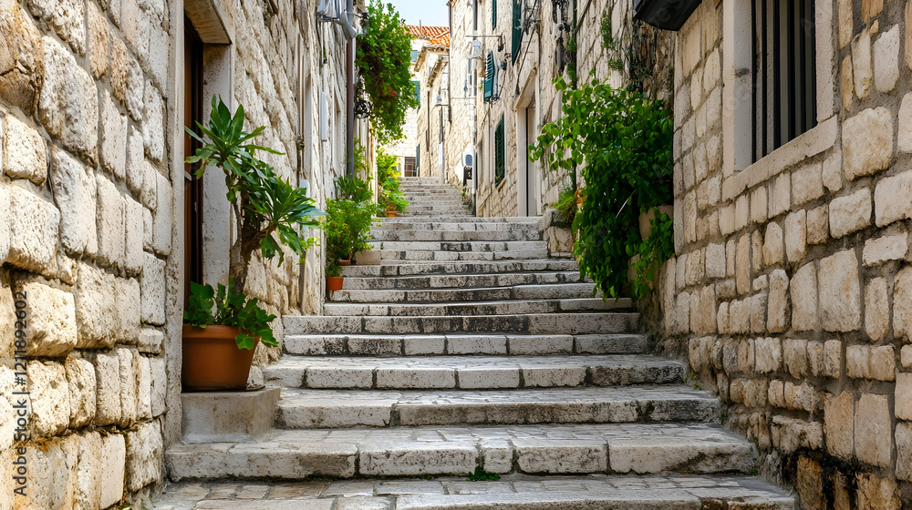 Obraz premium Steep stone staircase in a narrow, sunlit European alleyway, flanked by old stone buildings and potted plants; ideal for travel, tourism, and architecture websites
