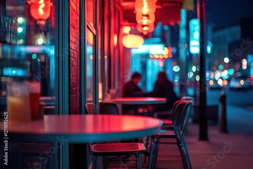 Evening ambiance at a quiet street cafe with soft lighting and colorful lanterns photo