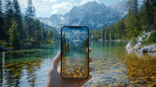 A person holding a smartphone displaying a stunning mountain lake scene amidst a breathtaking natural landscape