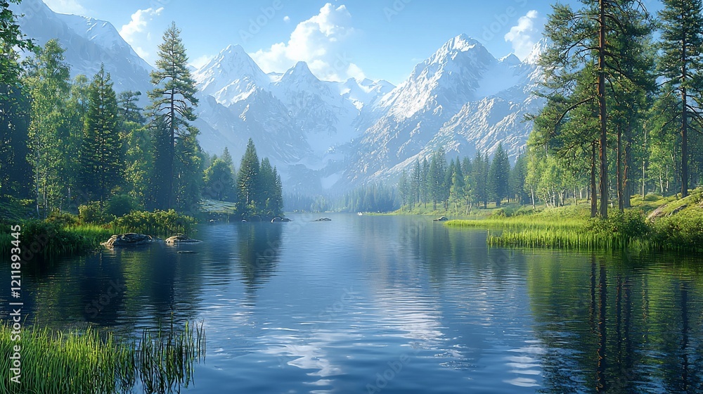 Naklejka premium Serene mountain lake reflecting snow-capped peaks under a bright summer sky.