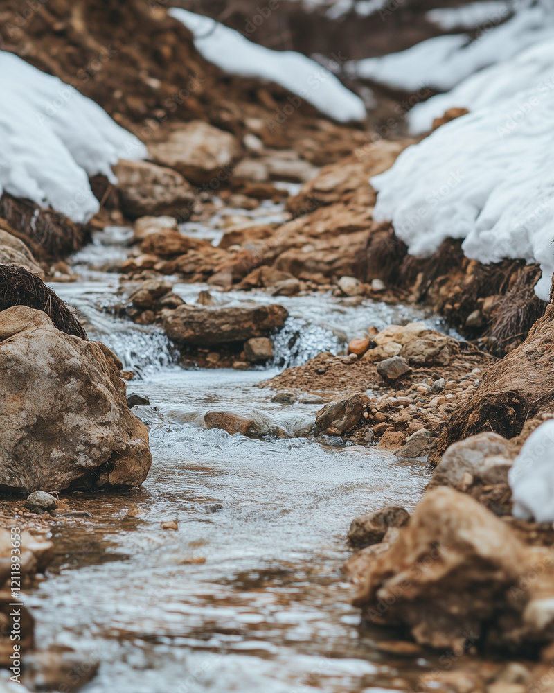 Flowing stream through rocky terrain with snow Flowing stream through rocky terrain with snow