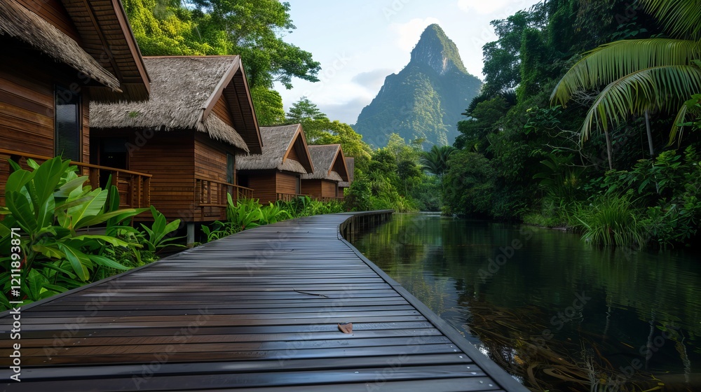 Scenic view of wooden bungalows nestled among lush greenery, with a calm river reflecting surrounding mountains under a clear sky. Scenic view of wooden bungalows nestled among lush greenery, with a calm river reflecting surrounding mountains under a clear sky.