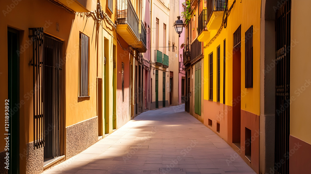 Obraz premium Sunlit narrow street, vibrant buildings, shadows, Spanish city, travel photography