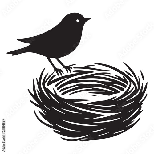 Serene Bird on Nest Silhouette Illustration