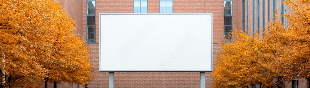 Fototapeta premium A large, blank billboard stands between vibrant orange trees and brick buildings, creating a striking urban scene.