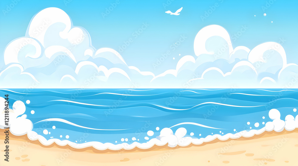 Sunny beach seascape, ocean waves, blue sky, fluffy clouds; ideal for summer travel brochures Sunny beach seascape, ocean waves, blue sky, fluffy clouds; ideal for summer travel brochures