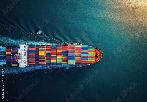 Aerial View of a Colorful Container Ship Navigating Through Turquoise Waters, Showcasing Shipping Logistics and Maritime Industry Dynamics photo