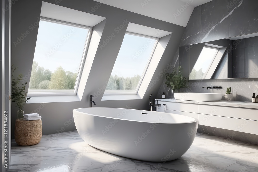 Fototapeta premium bathroom accessories. Modern glamour interior concept, roof window, Light Gray wall background