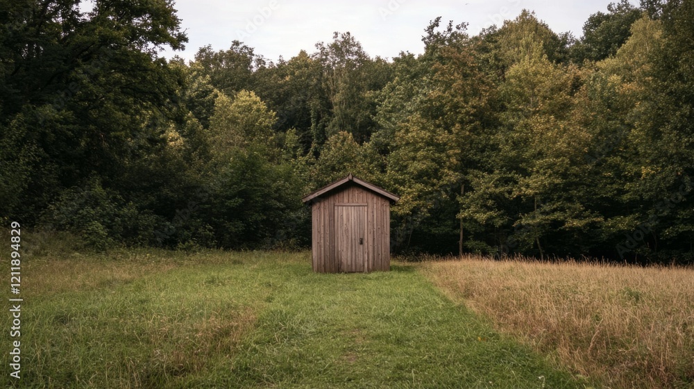 Small wooden shed in a grassy field, surrounded by lush green forest. Small wooden shed in a grassy field, surrounded by lush green forest.