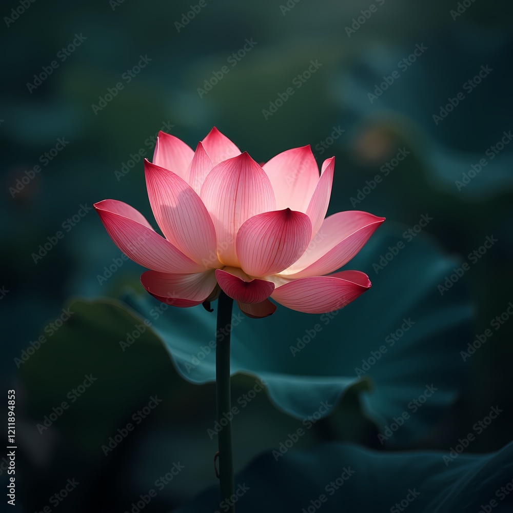 Obraz premium Ethereal Lotus Bloom This image captures the serene beauty and delicate nature of a lotus flower. Its soft pink petals and the subtle interplay of light create a calming and elegant visual. The
