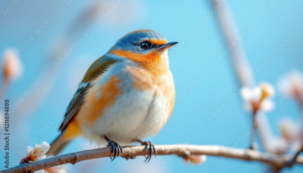 Vibrant bird perched on branch with blue sky in background Vibrant bird perched on branch with blue sky in background